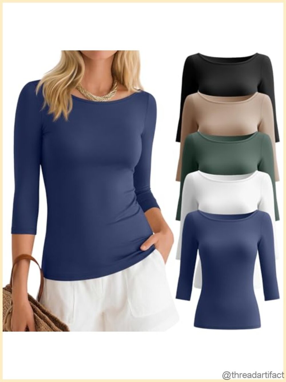 5 Pack Womens Boat Neck 3/4 Sleeve Slim Fit Tops Cotton Blend